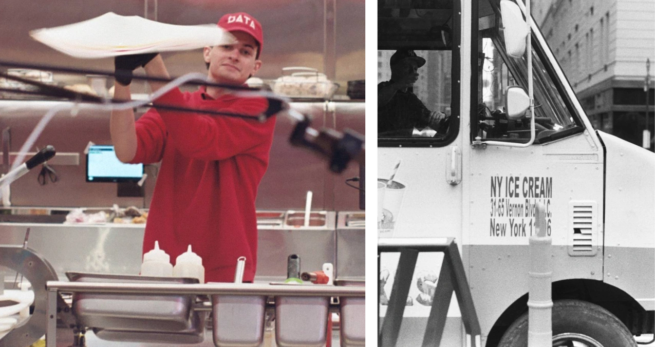 A pizza maker tossing dough beside a black-and-white ice-cream truck portrait.